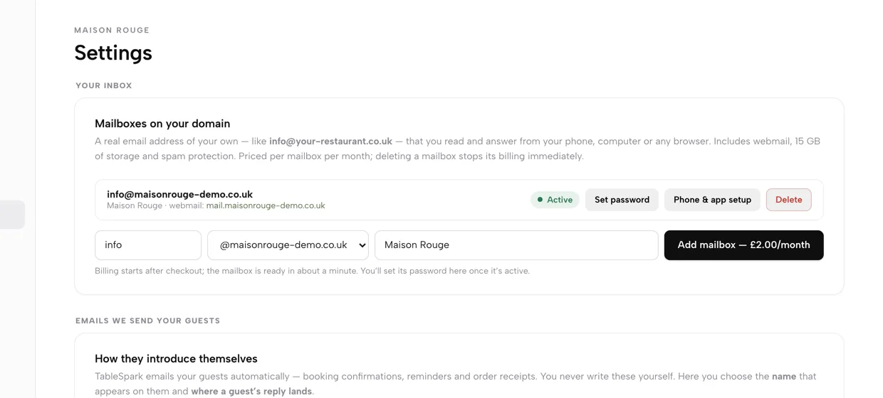 Settings, Email: a mailbox on the restaurant's own domain marked Active, with Set password, Phone and app setup and Delete, and the Add mailbox button showing £2.00 a month.