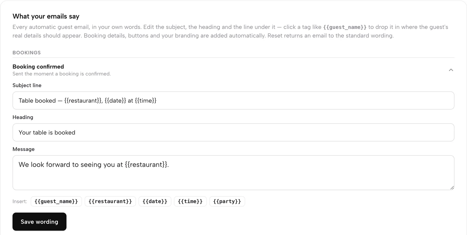 Booking confirmed opened for editing: Subject line, Heading and Message fields, merge tags to insert and a Save wording button.