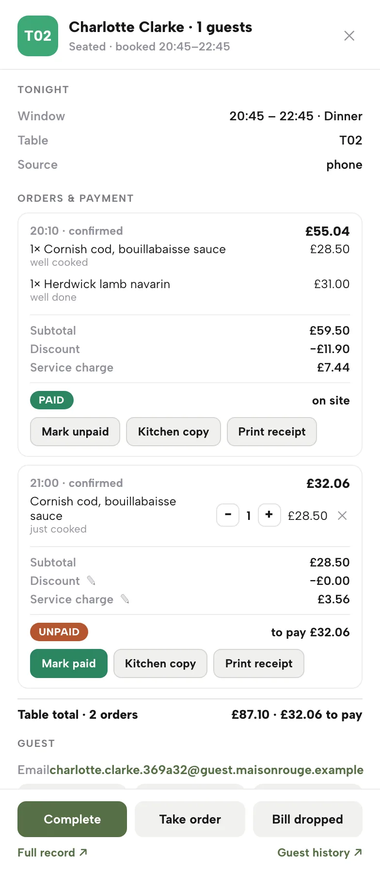 A table's till: one paid order with a discount and service charge, one open order with quantity steppers, and a Table total line.