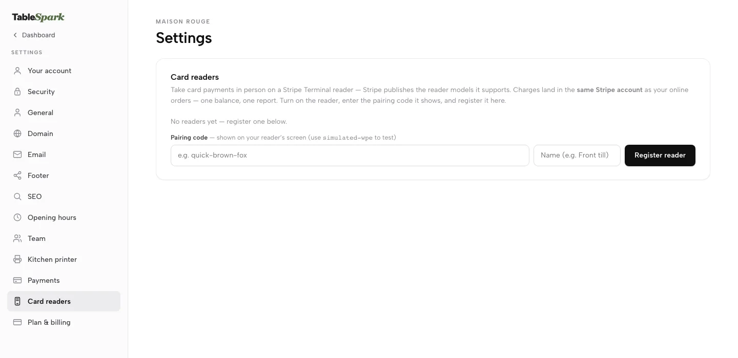 Settings with the Card readers section open: pairing code and name fields with a Register reader button.