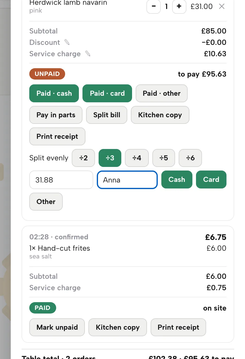 An unpaid bill with Paid cash, Paid card and Paid other buttons, Pay in parts, Split bill, and Split evenly buttons from ÷2 to ÷6 with the share and a payer name filled in.