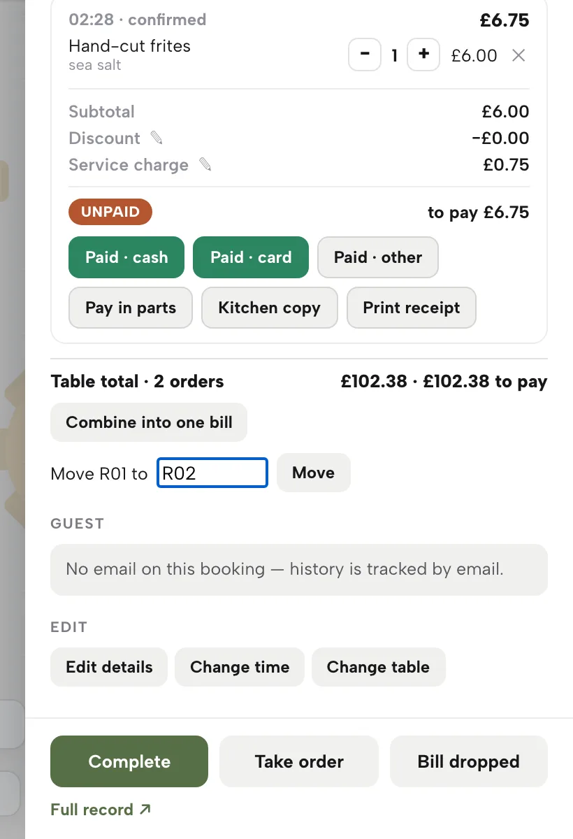 A table's till with Combine into one bill and a Move R01 to R02 field with a Move button.