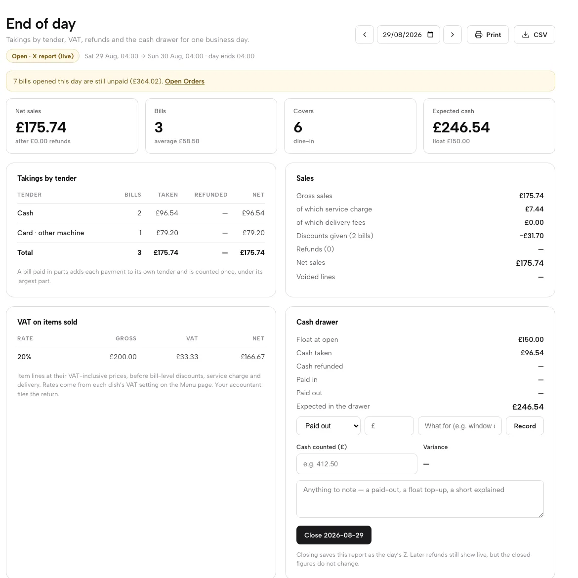 End of day: net sales, bills, covers and expected cash, Takings by tender, the Sales panel, VAT on items sold and the Cash drawer.