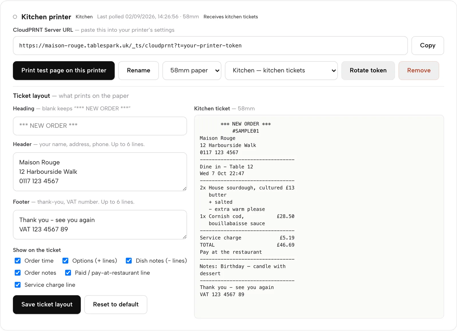 Settings, Kitchen printer: the CloudPRNT Server URL, 58mm paper, the Kitchen role, a Print test page button, ticket layout fields and a live kitchen ticket preview.