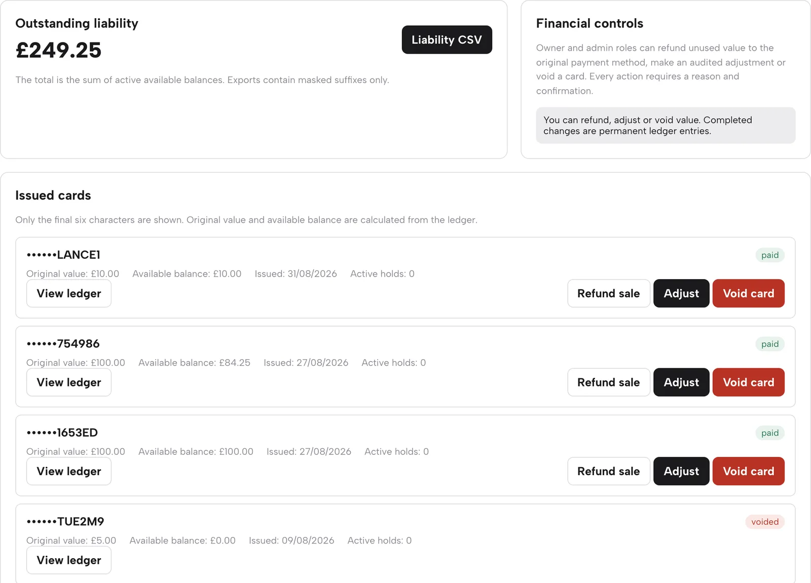 The Gift cards page: outstanding liability, issued cards with balance and Refund sale, Adjust and Void card buttons