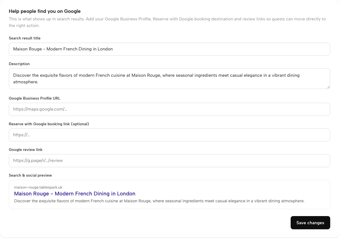 Settings, SEO: search title and description, Google Business Profile URL, Reserve with Google booking link, Google review link and a search preview