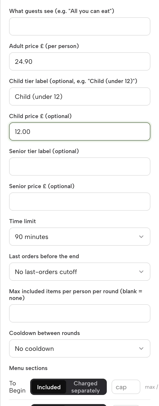 The buffet settings in the Builder: adult price 24.90, a child tier at 12.00, a 90 minute time limit, last-orders and cooldown choices, and each menu section set to Included or Charged separately