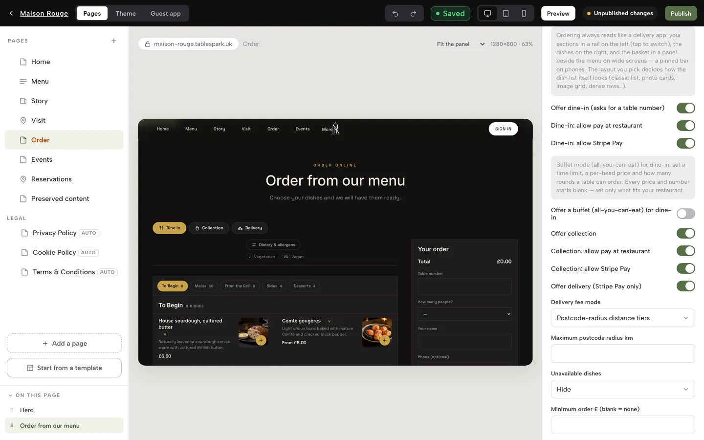 The Builder with the Order page open: the Order from our menu block's switches for dine-in, collection and delivery, delivery fee mode, minimum order and sold-out dish setting
