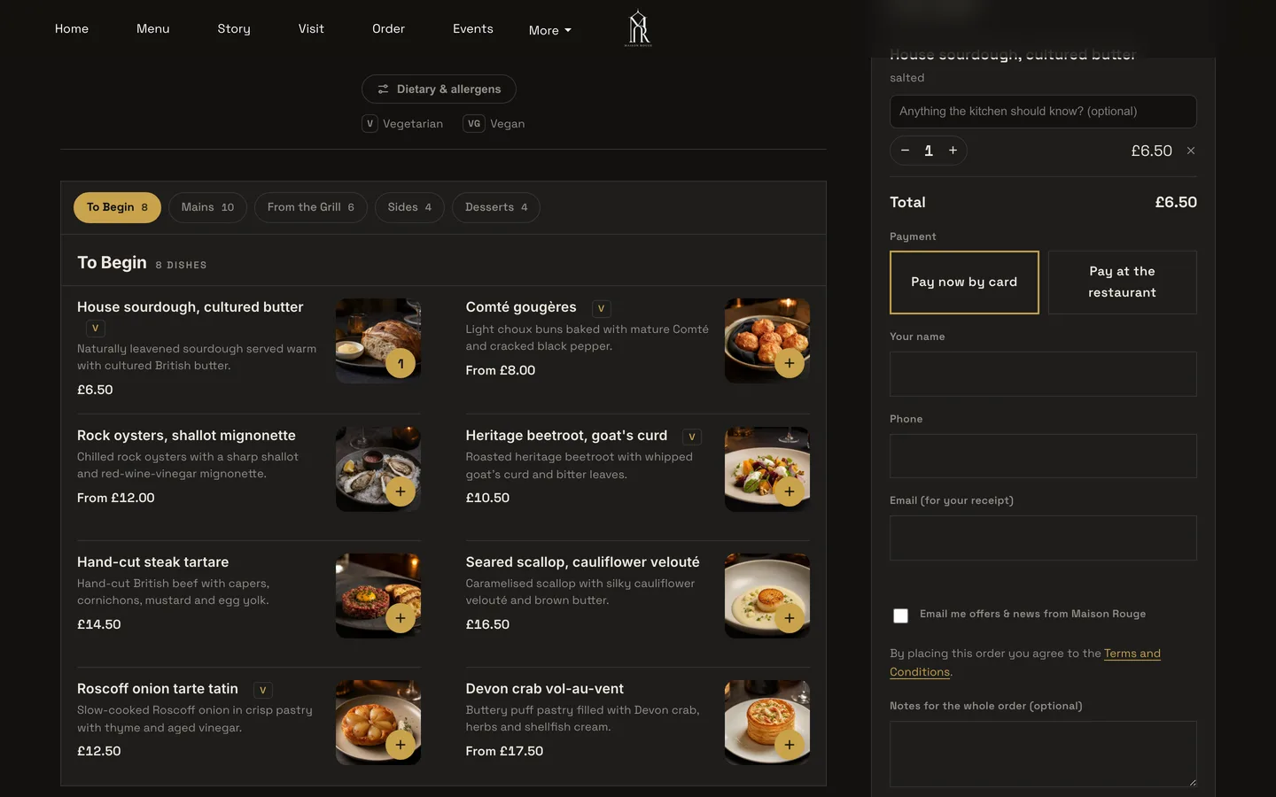 The Order page on a restaurant site: menu sections with dish photos, and the Your order basket with Pay now by card and Pay at the restaurant