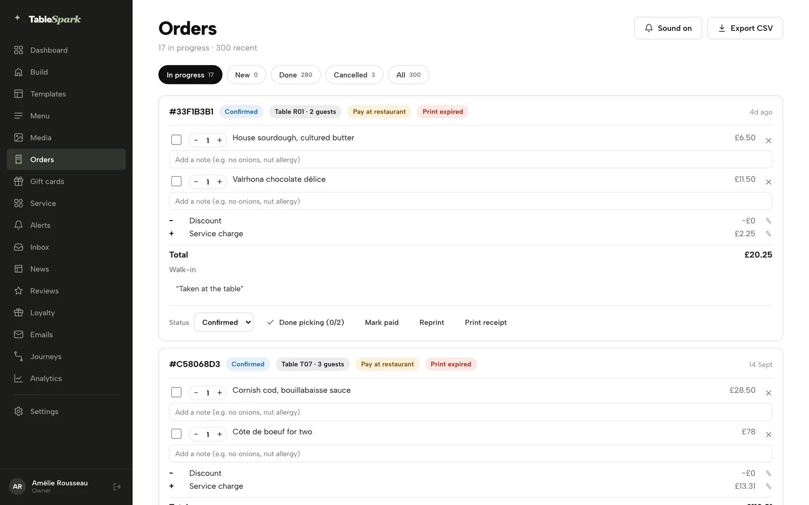 The Orders screen: In progress, New, Done, Cancelled and All tabs, a Sound on switch, Export CSV, and order cards with status and payment chips, line items and a Status menu with Done picking and Mark paid