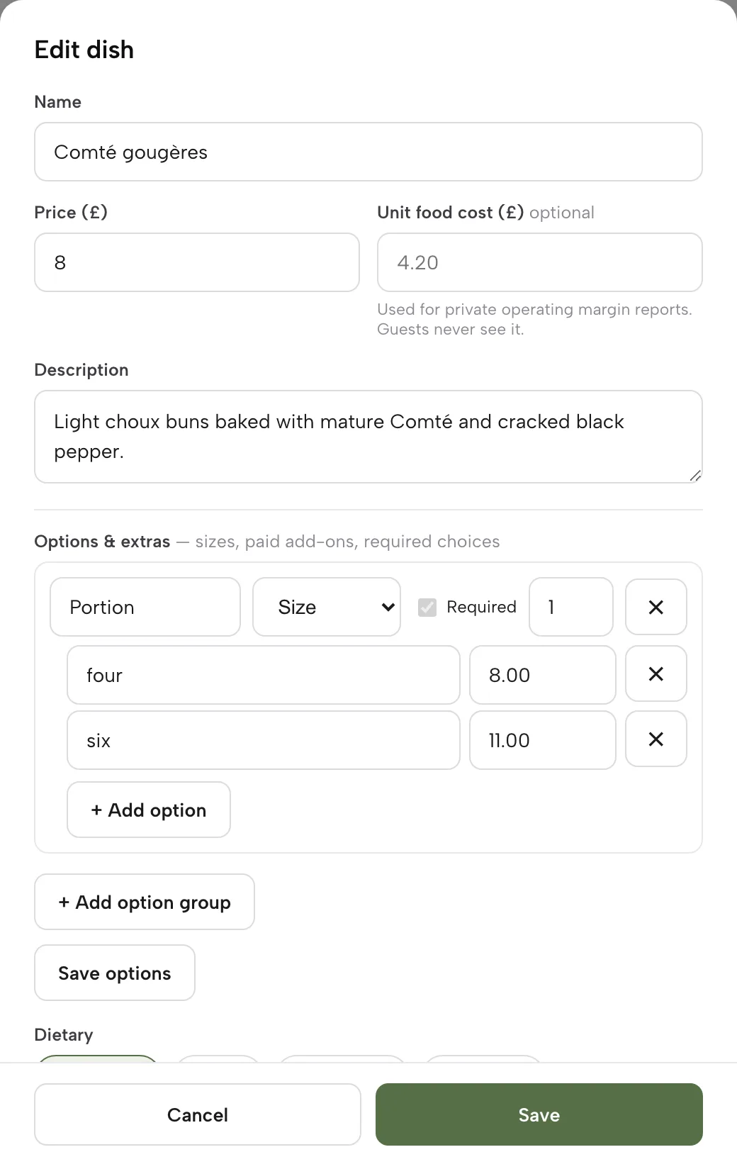 The Edit dish panel with Options & extras: a required Portion size group with four at 8.00 and six at 11.00, and Add option and Add option group buttons