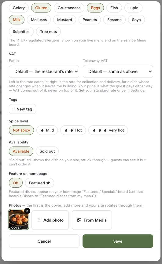 The Edit dish panel scrolled to Availability, with the Available and Sold out choices and the note that a sold-out dish stays on the site struck through