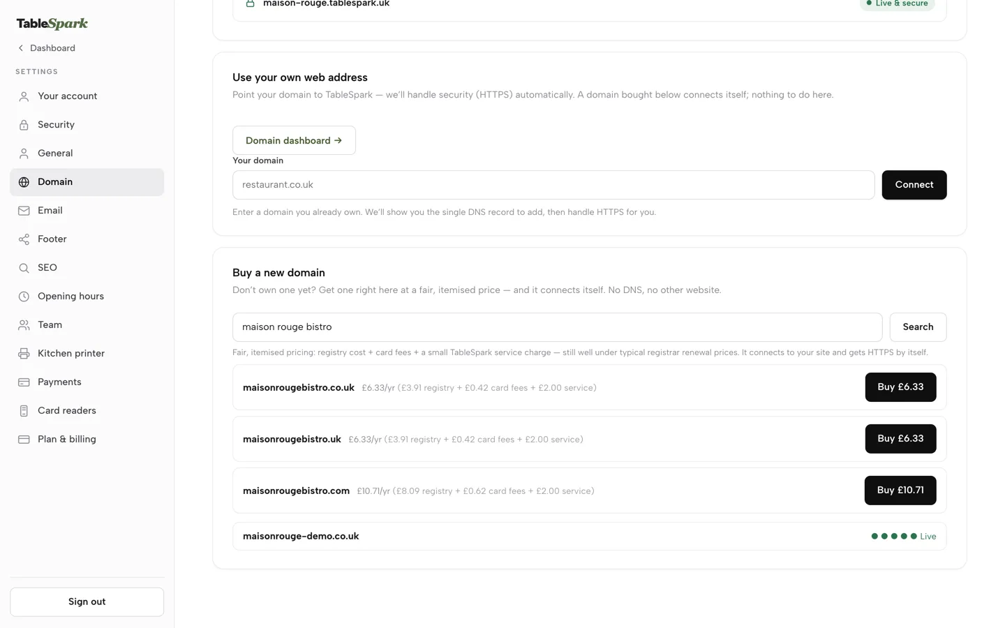 Settings, Domain: Buy a new domain search results with .co.uk and .uk at £6.33 a year and .com at £10.71, each itemised as registry, card fees and service, and a Buy button.