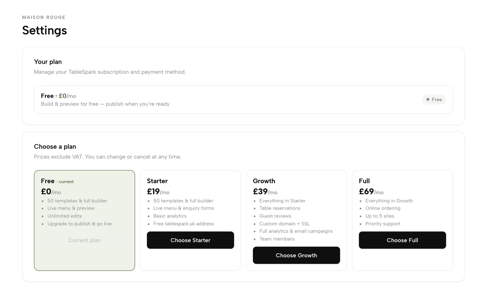 Settings, Plan & billing: Your plan shows Free at £0, and Choose a plan lists Free (current), Starter, Growth and Full with a Choose button on each paid plan.