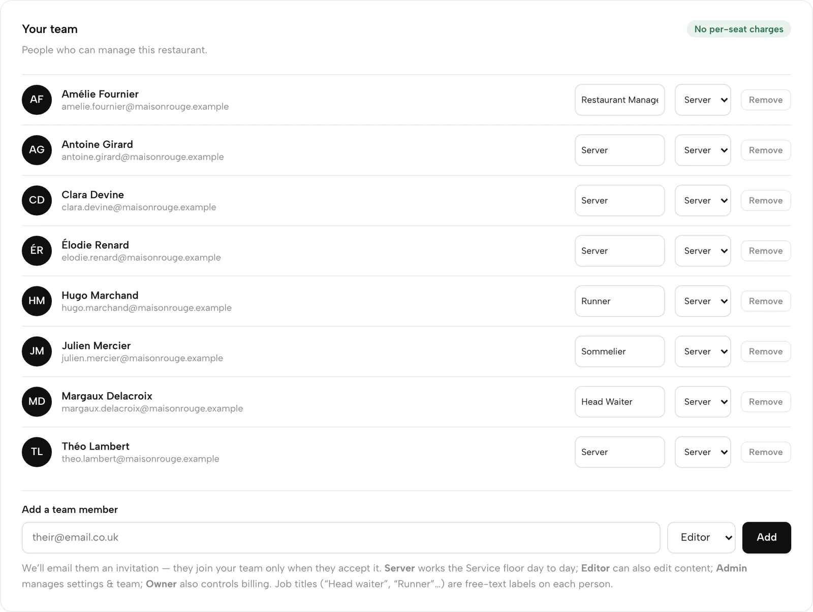 Settings, Your team: each person with a job title, a role dropdown and Remove, a No per-seat charges badge, and the Add a team member form.