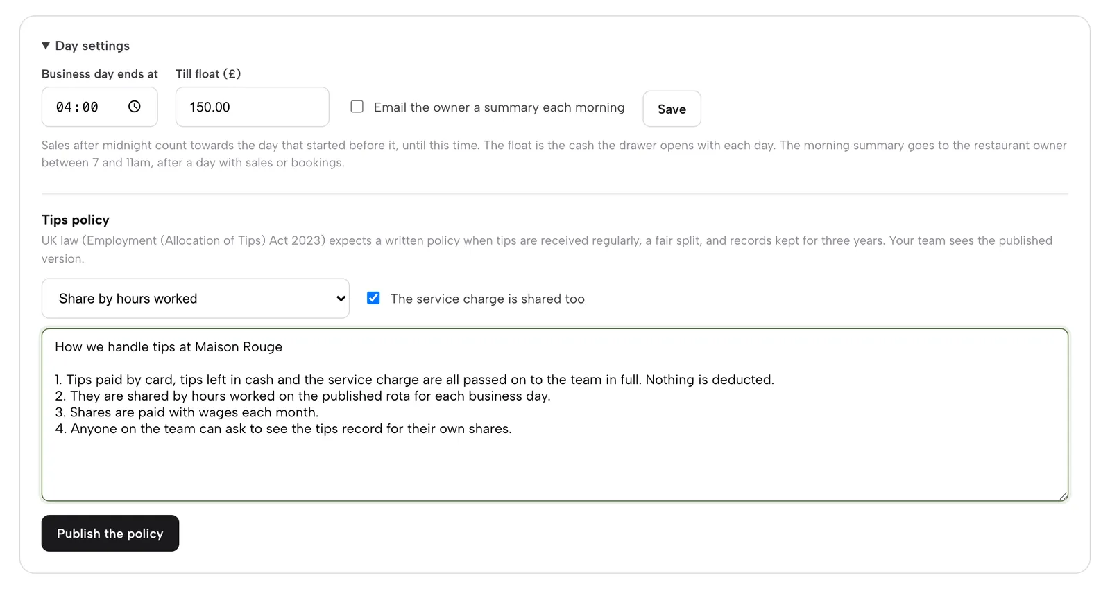 Day settings with the Tips policy: a share method dropdown, a service-charge tick box, an editable policy text and a Publish the policy button.