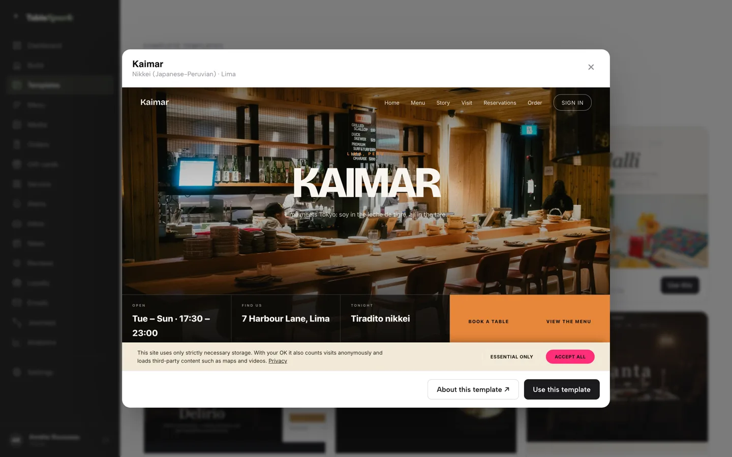 A restaurant template preview open in TableSpark, with About this template and the Use this template button