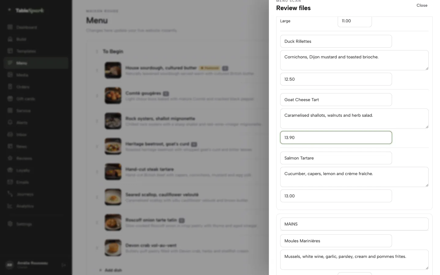 The menu scan review list in TableSpark with editable dish name, description and price fields