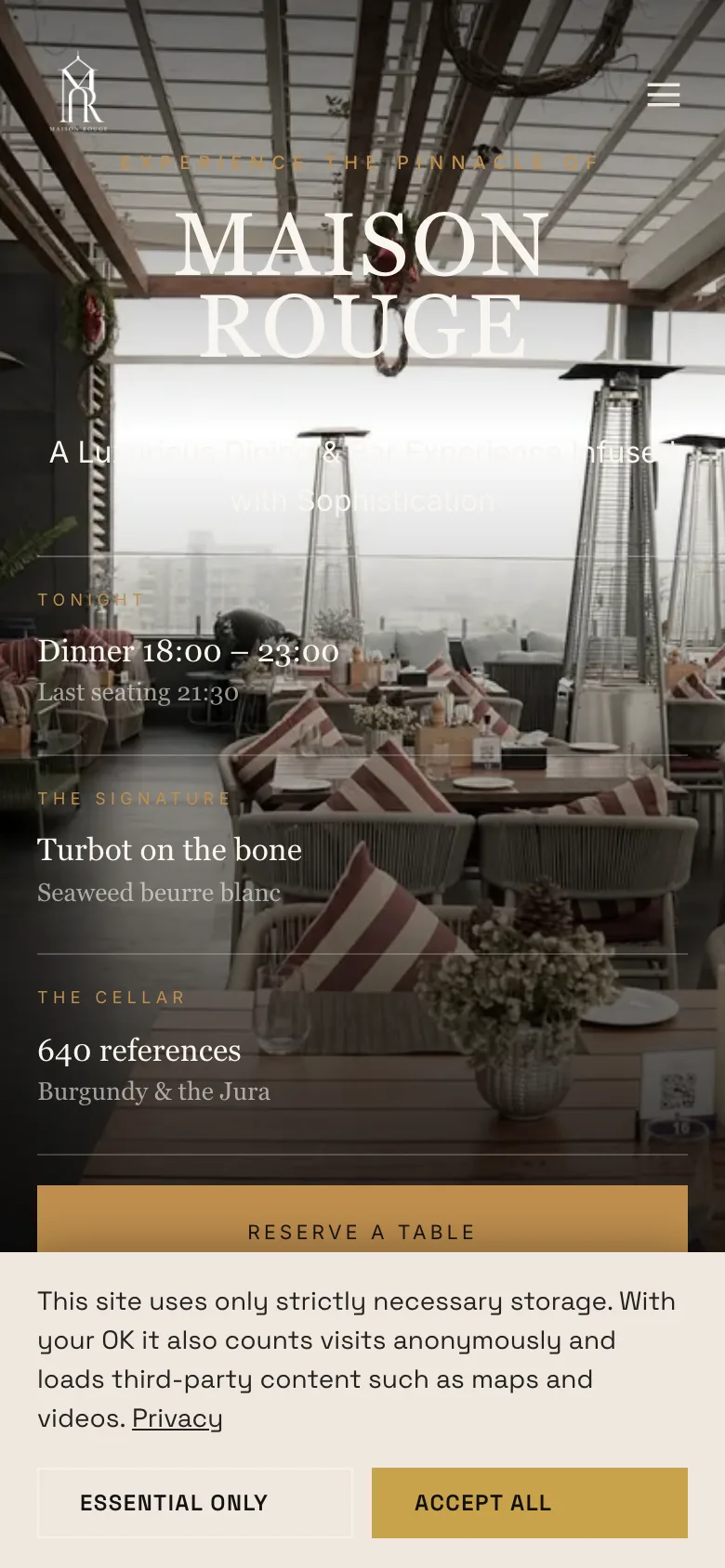 A published TableSpark restaurant home page on a phone with the Book and Menu actions visible