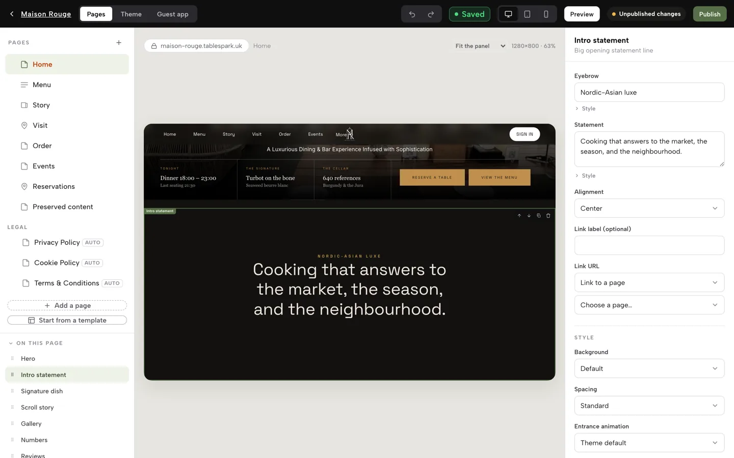 The site editor with the page list on the left, a live preview in the middle and the selected section's fields on the right