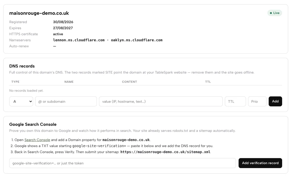 The Domain page: live domain status with HTTPS active, DNS records, and the Google Search Console card with its three steps and sitemap address
