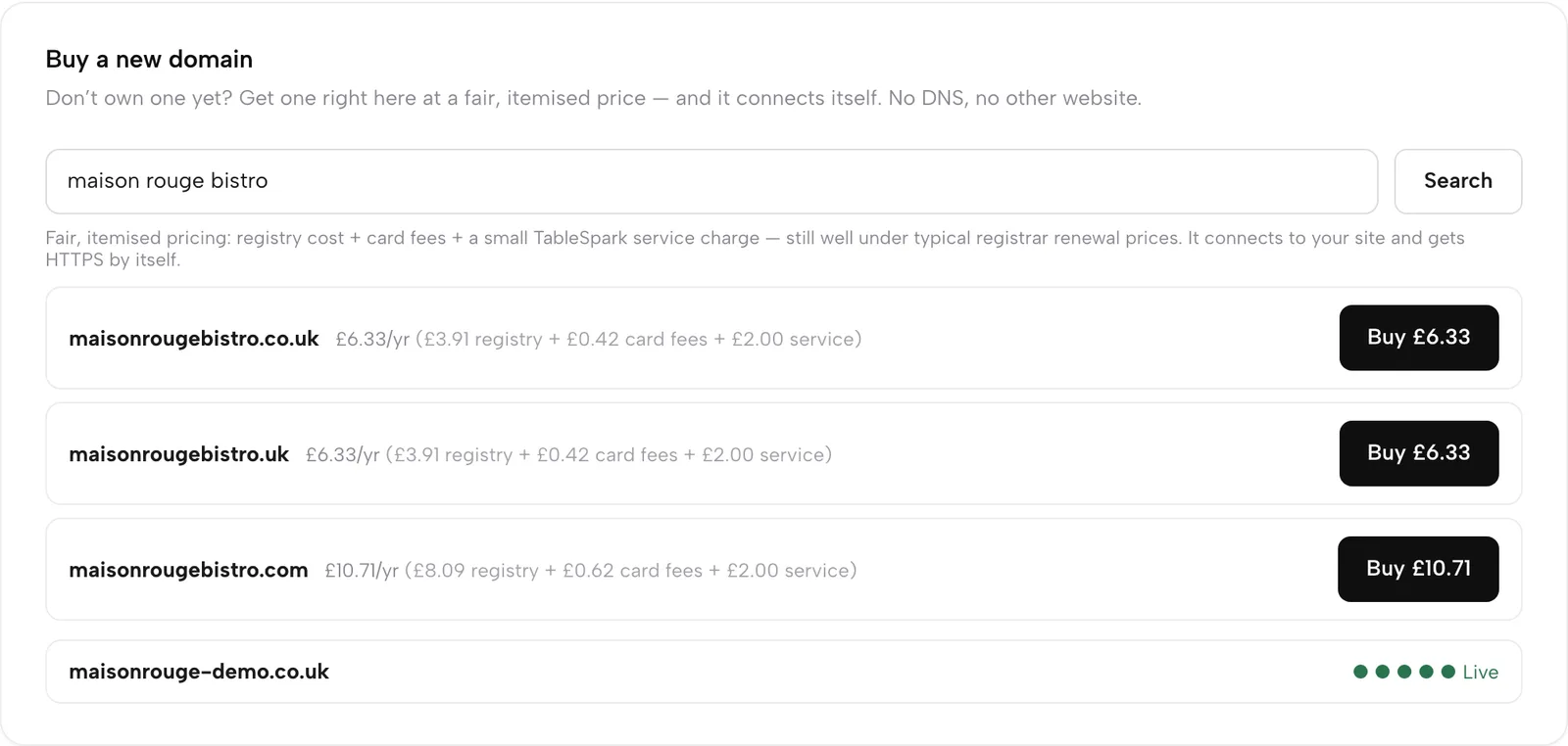 Buy a new domain: a name search showing .co.uk, .uk and .com with itemised first-year prices