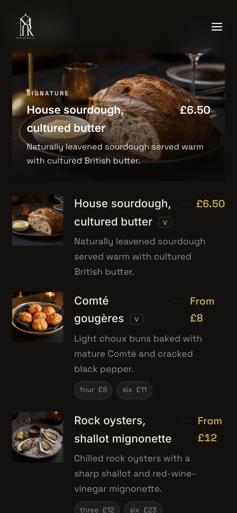 A restaurant's live menu on a phone: dietary key, a section heading, a featured dish with photo and price, then dish rows
