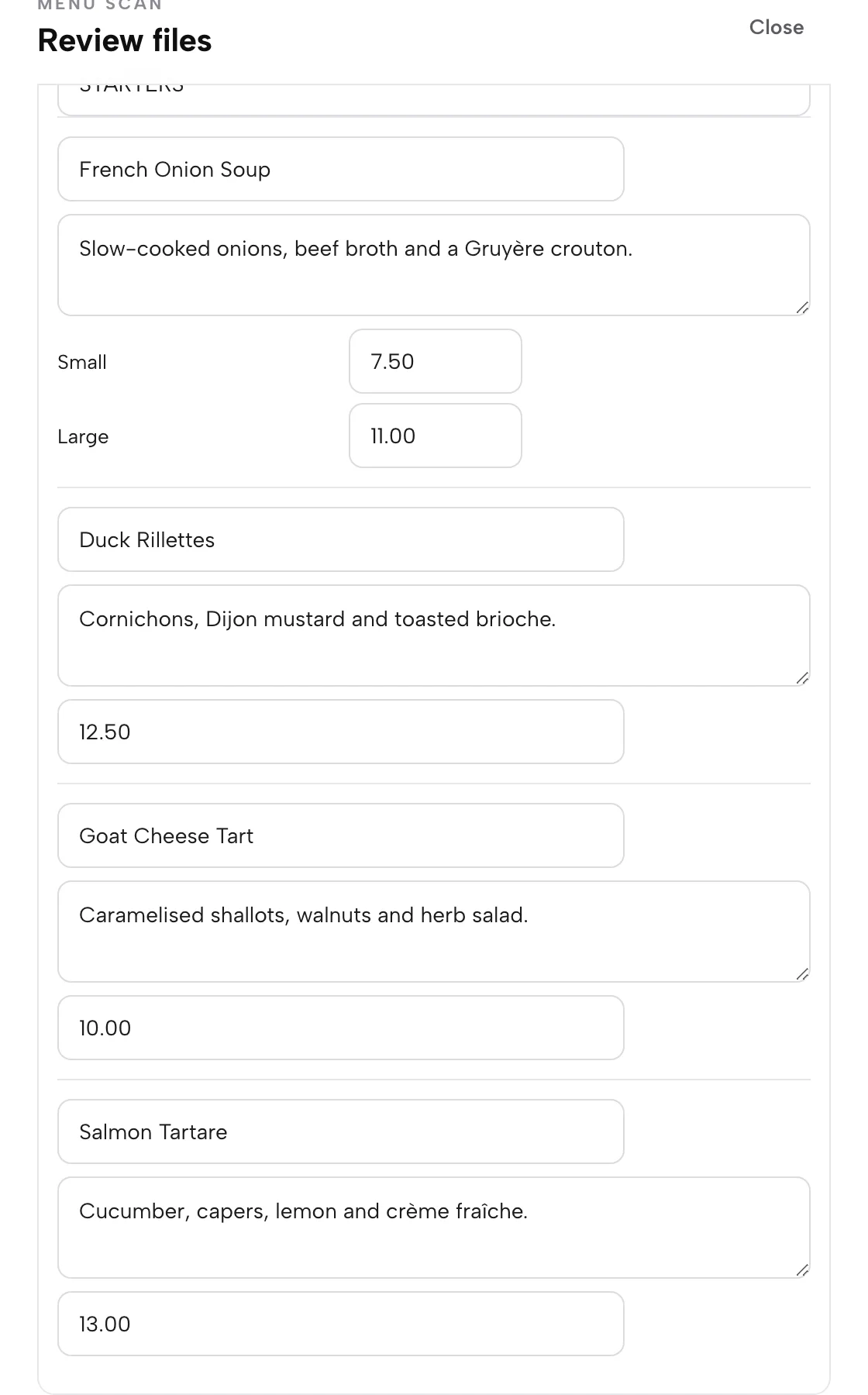 The menu scan review drawer: each dish name, description and price in an editable field, with a price per size
