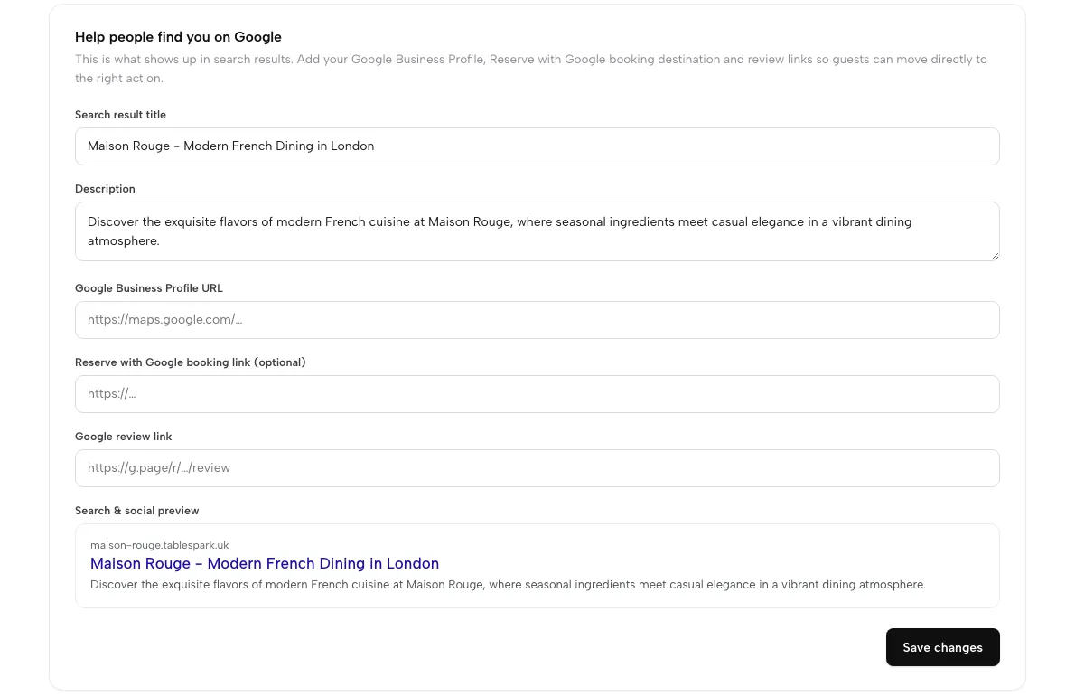 Settings, SEO: search result title, description, Google profile and review links, and a live search preview