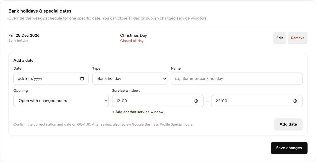 Settings: a 25 December bank holiday marked closed all day, with the Add a date form below