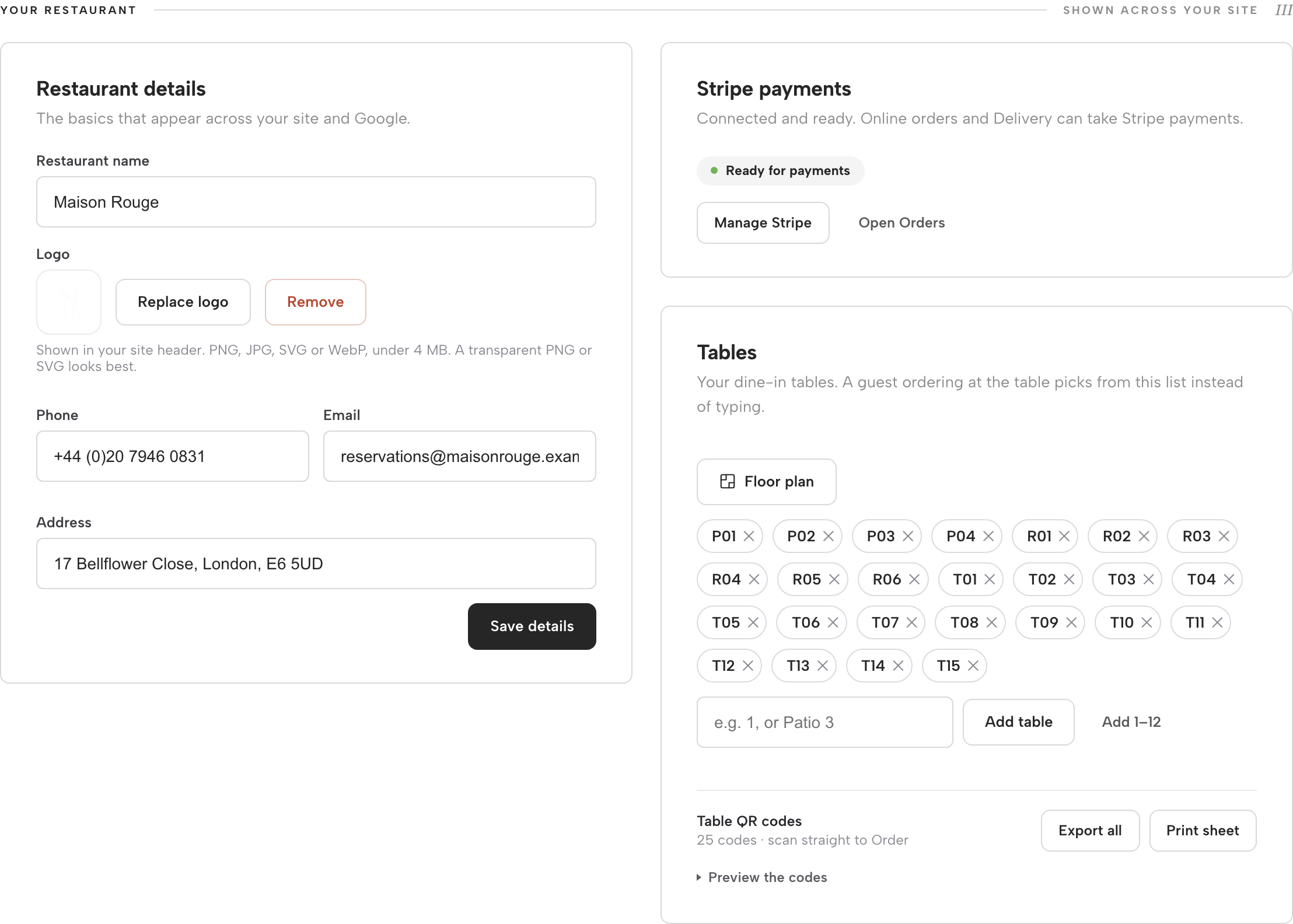 Restaurant details card with name, logo, phone, email and address; Stripe payments card showing Ready for payments with Manage Stripe; Tables card with a Floor plan button, removable table chips and Export all / Print sheet QR code buttons