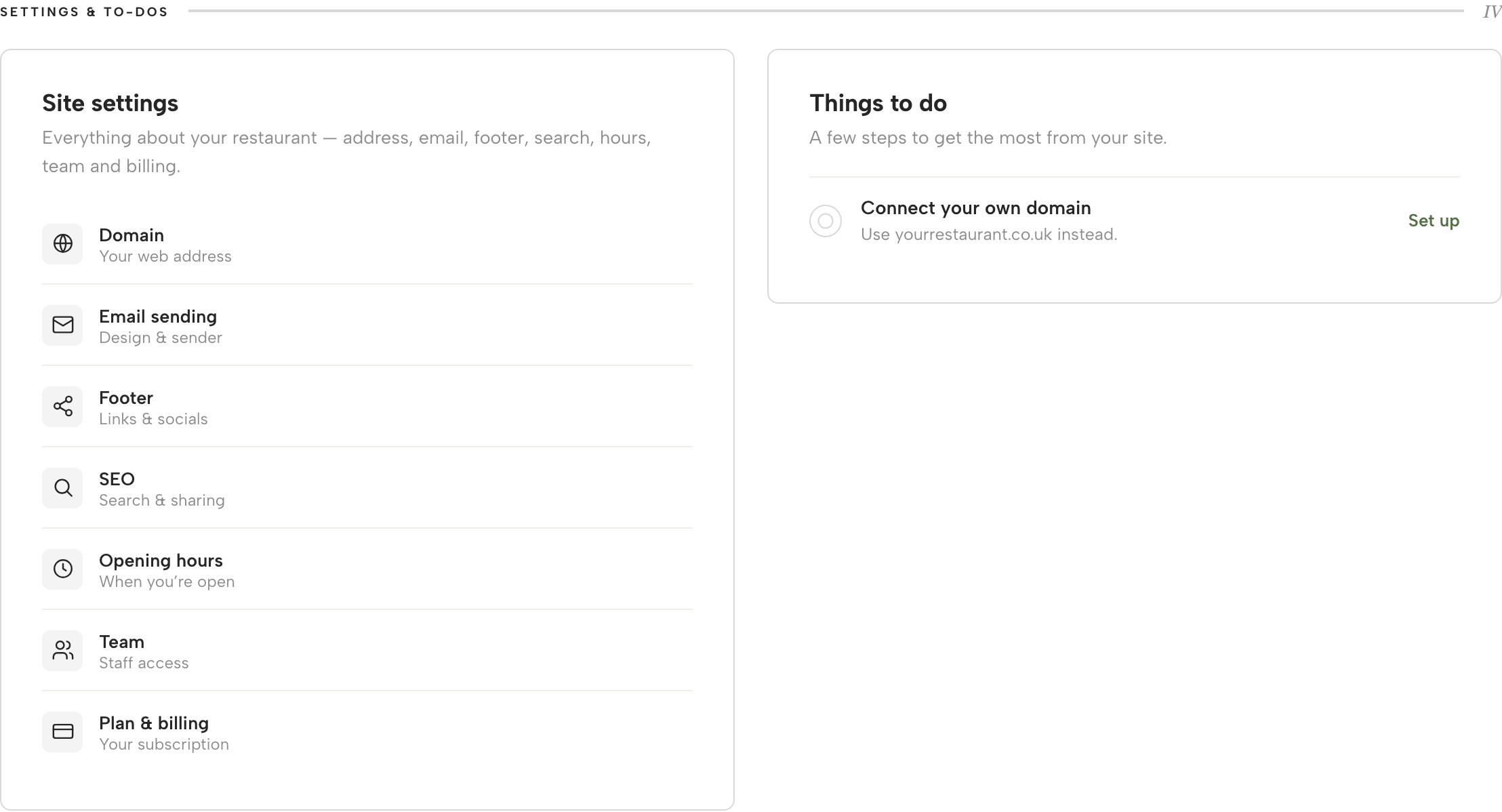 Site settings quick-link grid — Domain, Email sending, Footer, SEO, Opening hours, Team, Plan & billing — next to a Things to do panel showing Connect your own domain with a Set up link