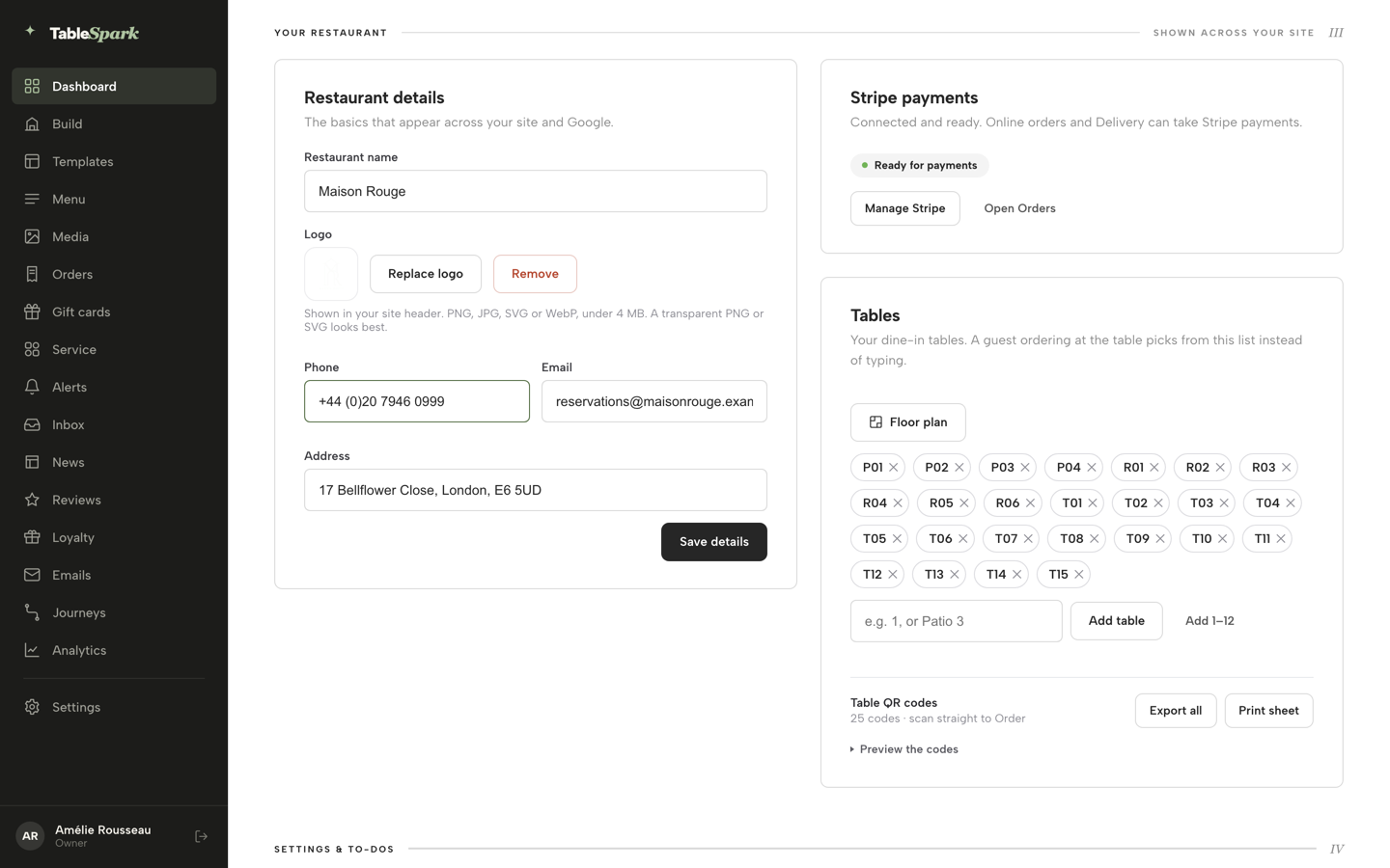 Practice screen: the Restaurant details panel with the Phone field edited, beside the Stripe payments and Tables cards