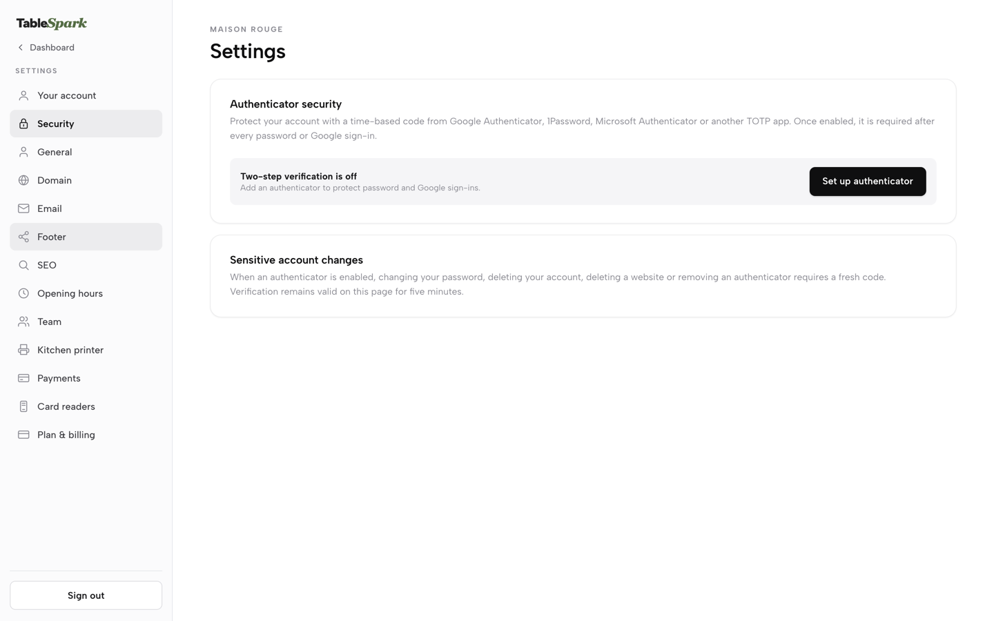 Practice screen: Settings &rarr; Security with Authenticator security and a Set up authenticator button