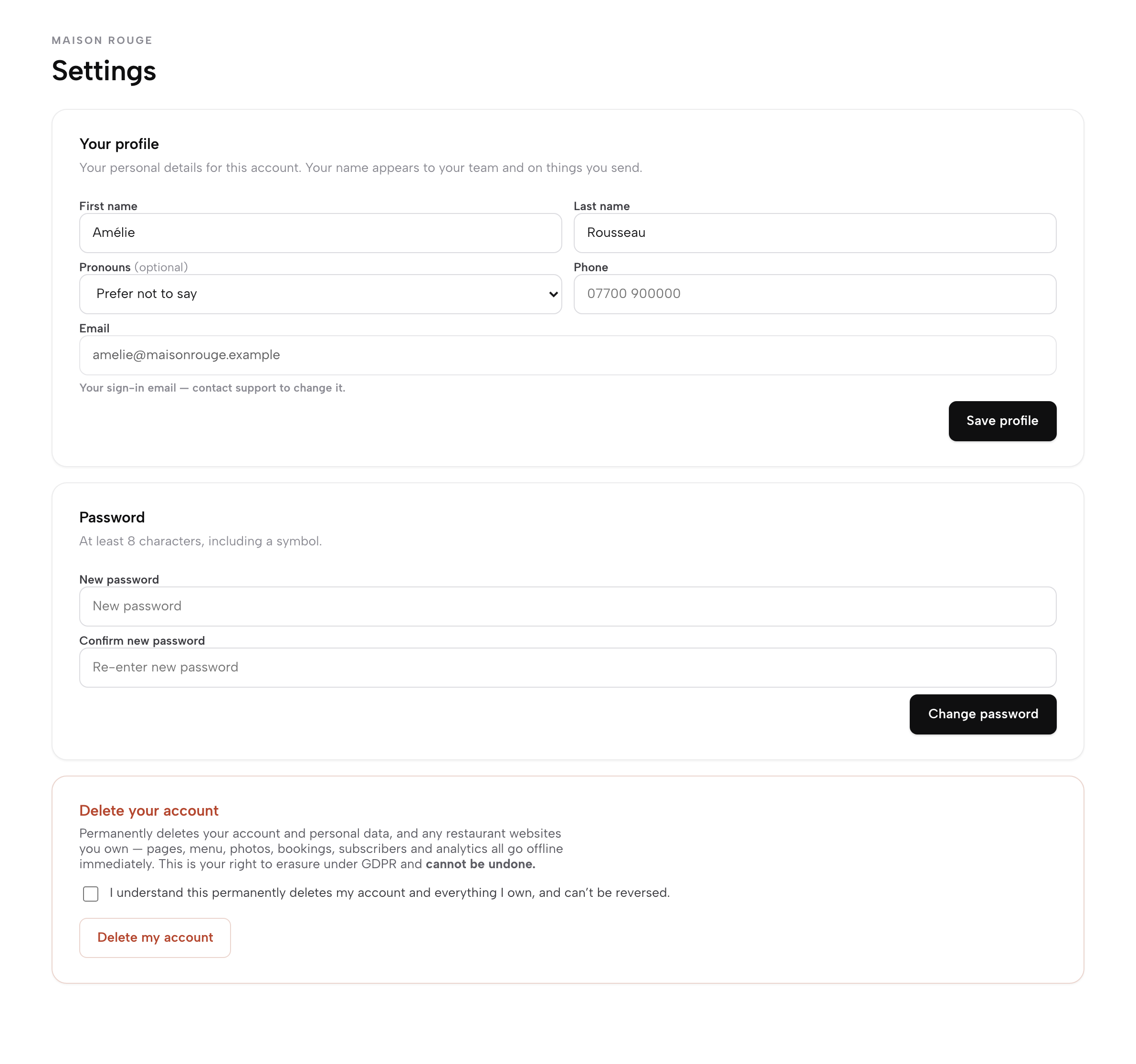 Settings → Your account: the Your profile card with first name, last name, pronouns and phone (email shown but locked), the Password card, and the red-bordered Delete your account card with a confirmation checkbox