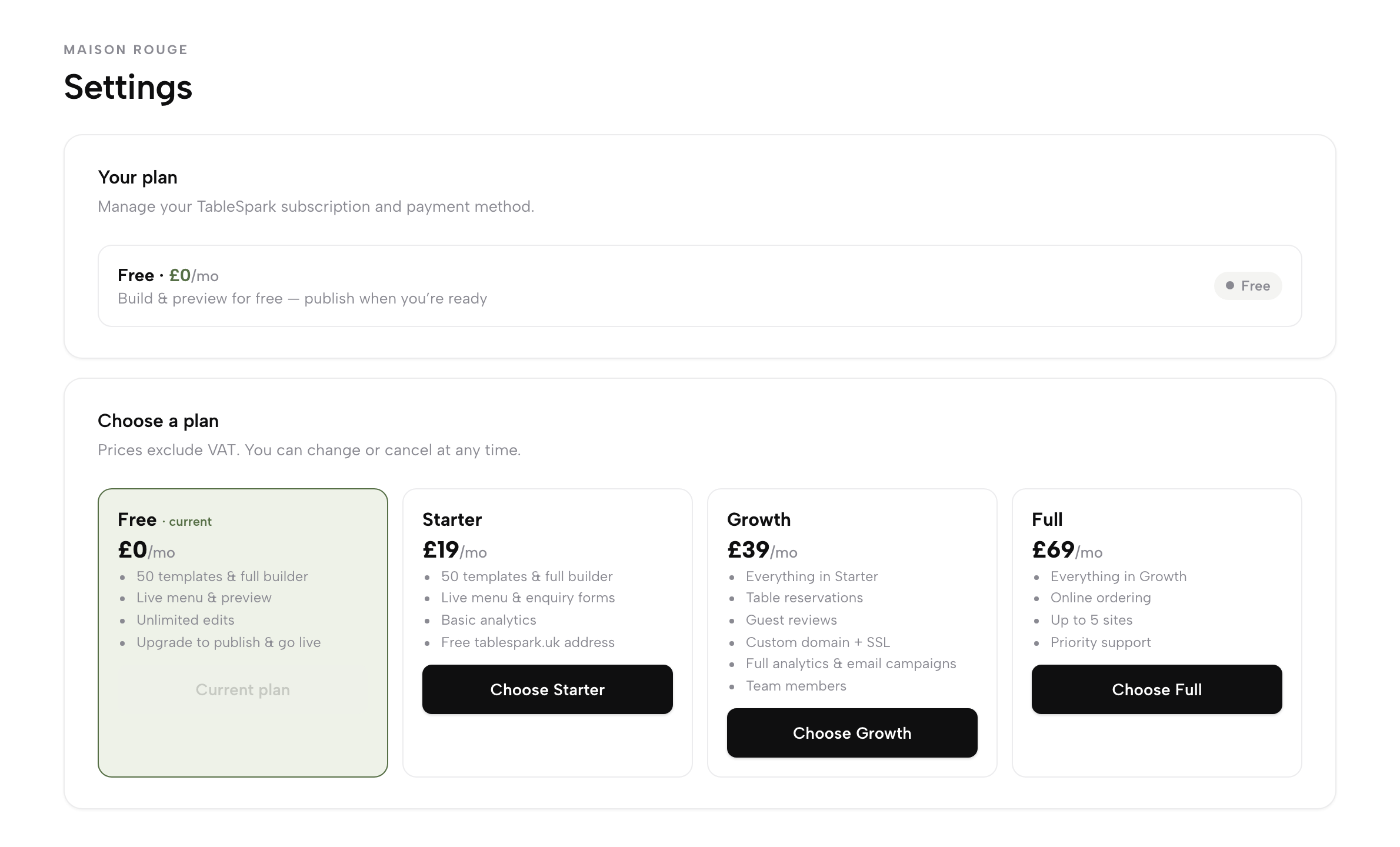 Settings → Plan & billing: the Your plan card above a Choose a plan grid comparing Free, Starter £19, Growth £39 and Full £69 with their features and Choose buttons