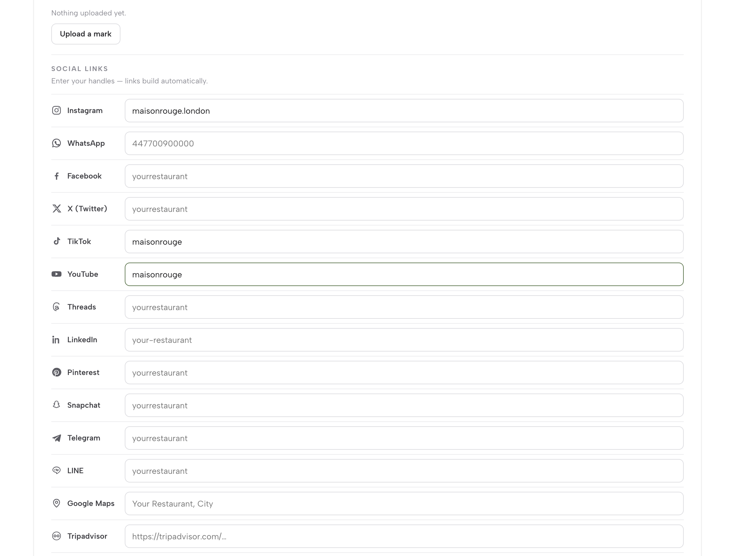 Settings → Footer: the Social links list with Instagram, WhatsApp, Facebook, X, TikTok, YouTube and more, each with a handle field, here with an Instagram handle typed in
