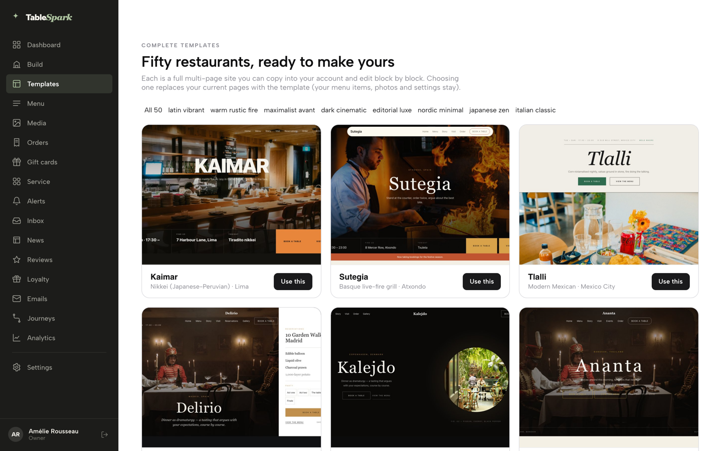 The Templates gallery, fifty restaurant designs in a grid