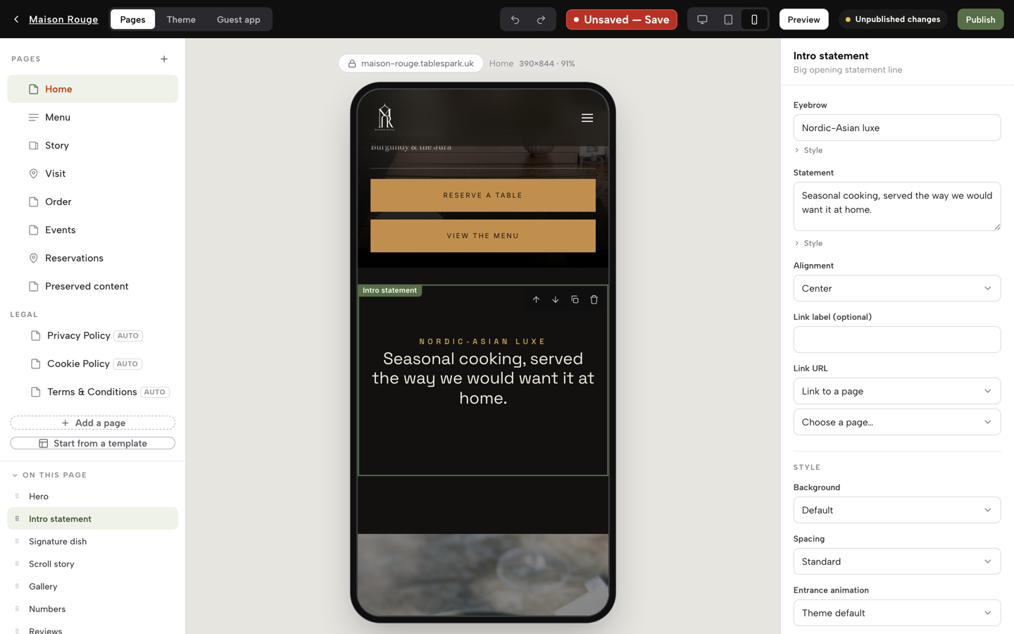 The mobile preview of the Home page, with Home in the Pages list