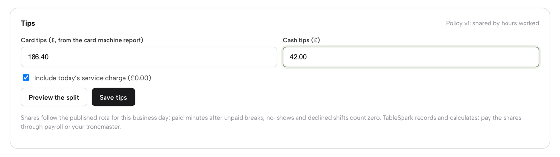 The Tips panel with card and cash tip boxes, the service charge tick box and Preview the split