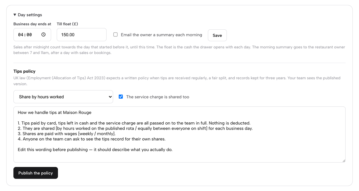 Day settings open: business day end time, till float, morning summary and tips policy