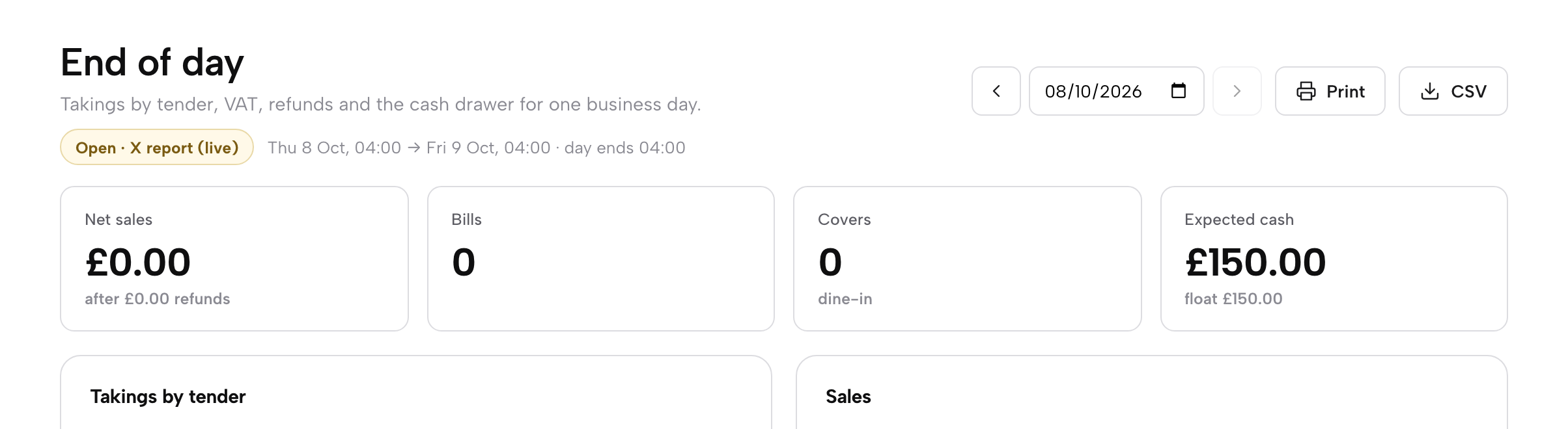 End of day for today with the date box, Print and CSV buttons and no sales yet