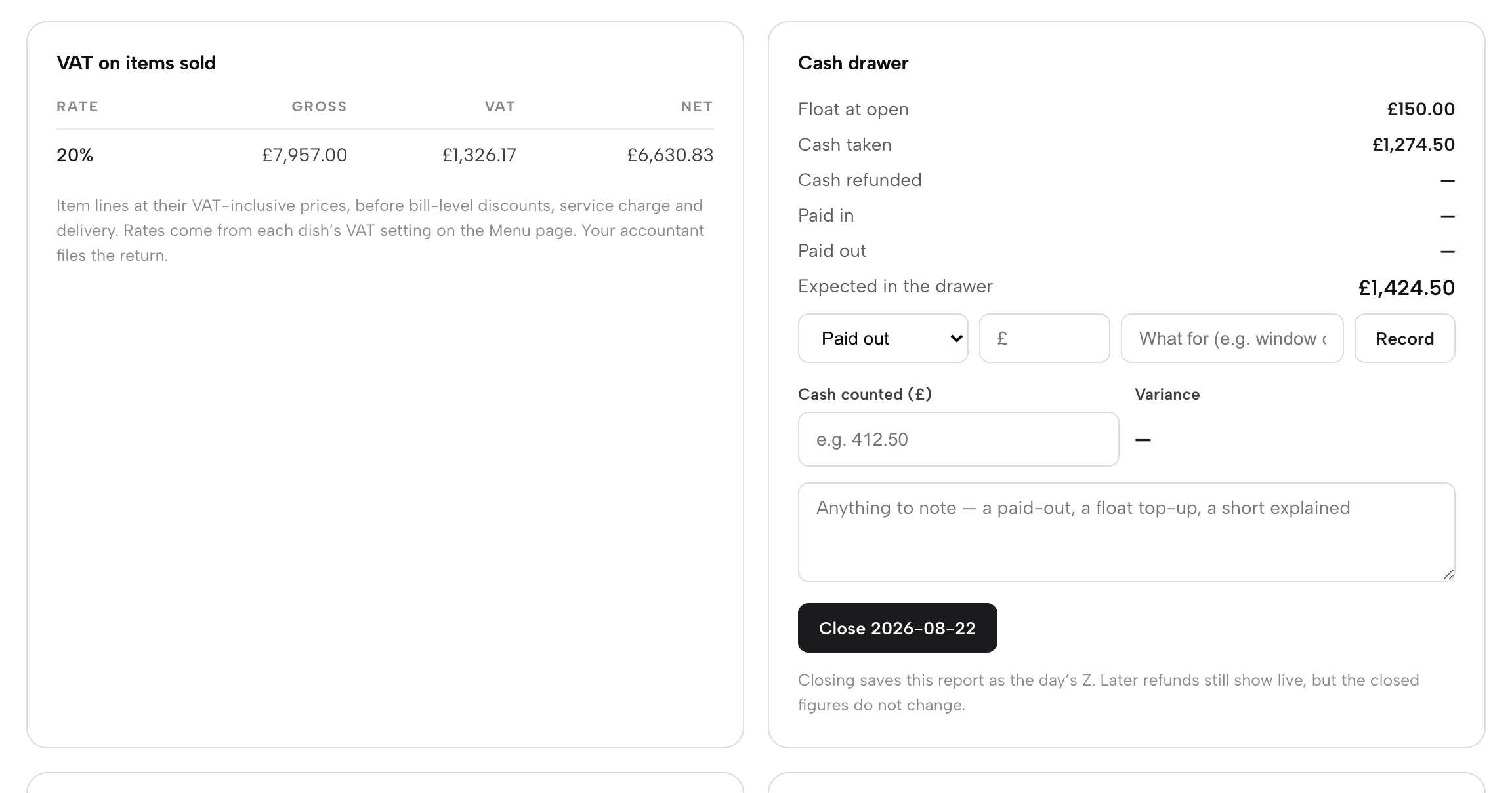 VAT on items sold at 20 percent beside the cash drawer