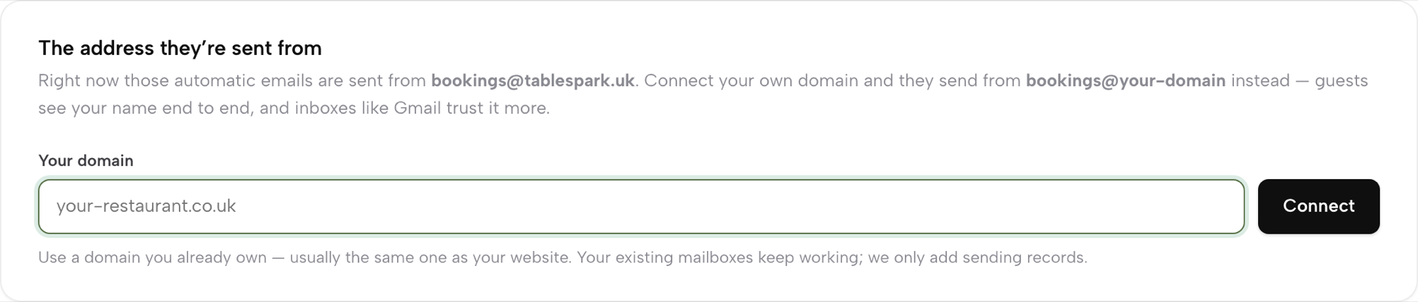 The address they&rsquo;re sent from card with the Your domain field and Connect button