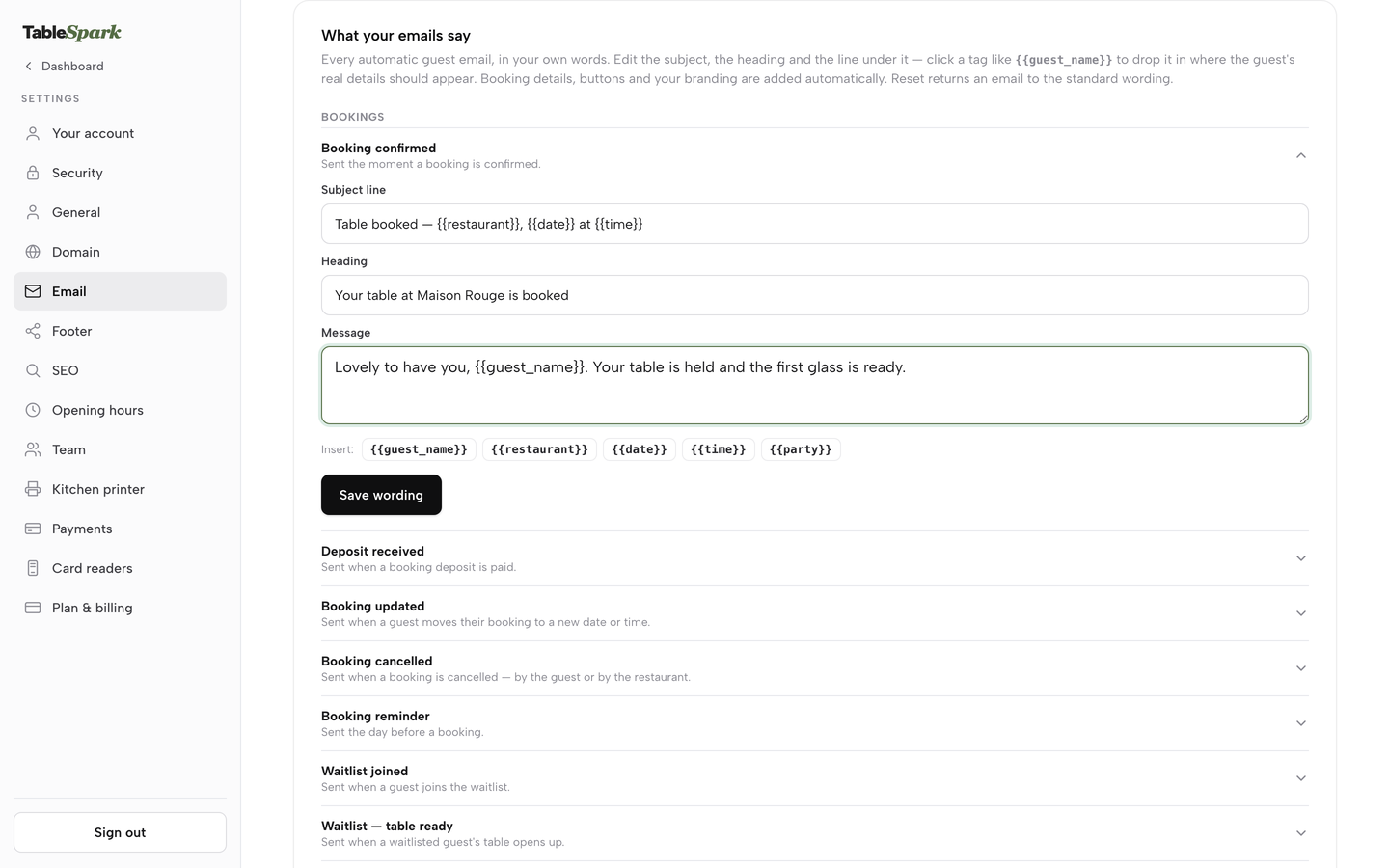 Booking confirmed expanded, with a new heading and message typed in