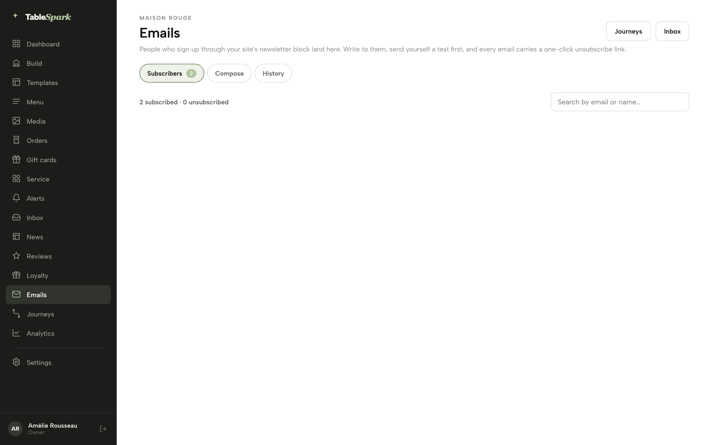 The Emails page on Subscribers, before Compose is clicked
