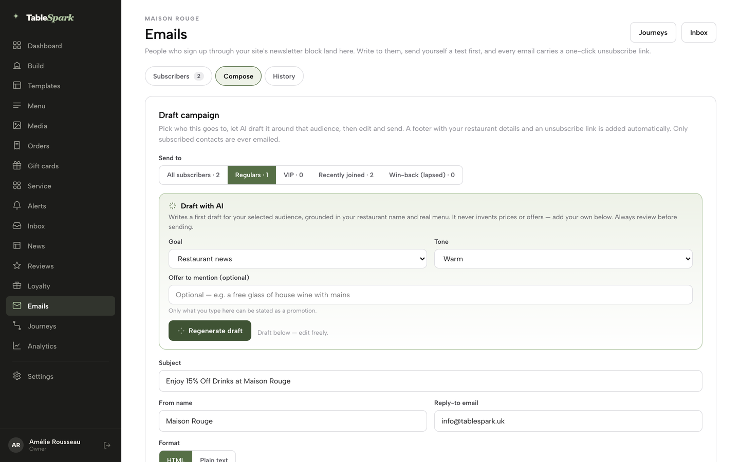 The Draft with AI panel with Goal, Tone and Offer fields, before Generate draft is clicked