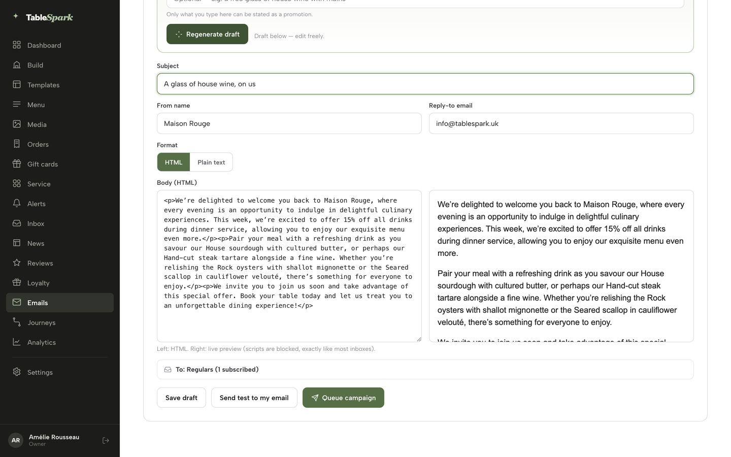 The action bar with Save draft, Send test to my email and Queue campaign