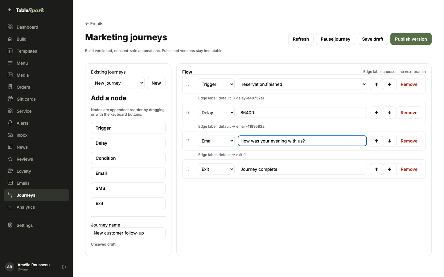 The finished journey flow with Publish version at the top right