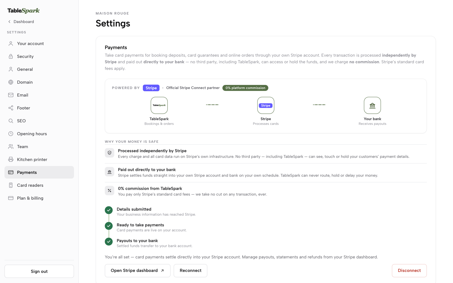 The Payments panel with Card readers listed in the Settings menu, before it is clicked